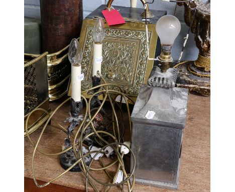 A railway lantern converted to a table lamp together with a pair of floral metal table lamps (3)