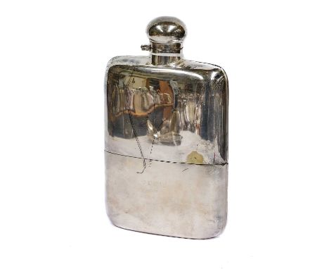 An Oversized Silver Plate Hip-Flask, by James Dixon and Sons, 20th Century, Retailed by Dunhill, oblong and with domed bayone