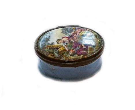 An 18th century South Staffordshire enamel oval box with hinged cover painted with a courting couple in a landscape