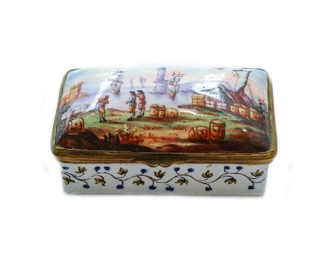 An enamel box and cover of rectangular form painted with a harbour scene and with trailing flowers to the base