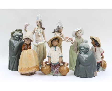 A group of eight Lladro figures, including a pair of Hawaiian dancing maidens (model no - C17e, C21d), two Asian water carrie