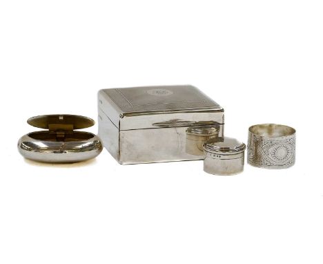 A collection of assorted silver, comprising: a cigarette-box, square and with engine-turned hinged cover, engraved with initi