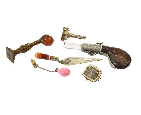 A Collection of Assorted Items, including: a bookmark with silvered blade and banded agate handle; a hand seal, the terminal 