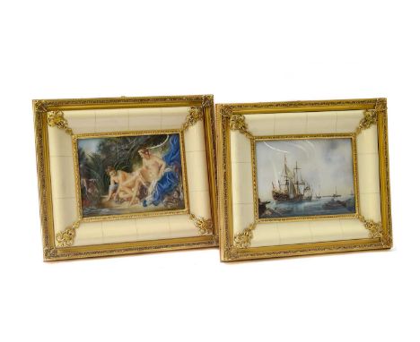 Two metal mounted Continental porcelain trinket boxes, 20th century, together with a Sevres style tea caddy with cover and a 