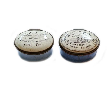 Two 18th century South Staffordshire enamel patch boxes and covers with light blue bases the covers with inscriptions, "Look,