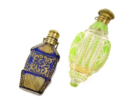A Gilt Decorated Blue Glass Scent-Bottle, in the manner of James Giles, tapering, the centre with gilt foliage scrolls, with 