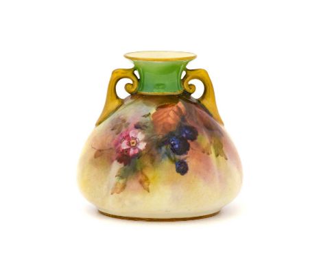 A Royal Worcester Hadley Ware Vase, circa 1905, of twin-handled pear shape, painted with fruiting and blossoming branches wit