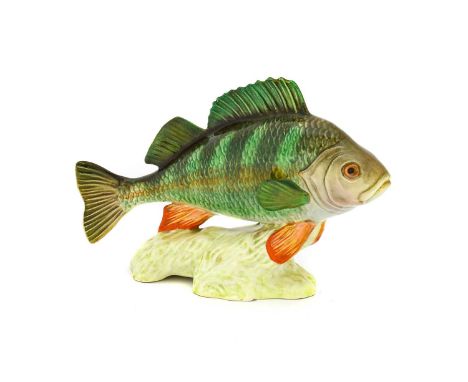 Beswick Perch model No. 1874, greens and browns gloss (a.f), together with a Beswick Large-Mouthed Black Bass model No. 1266,