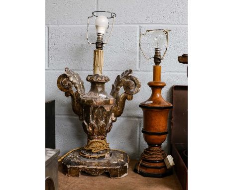 A part ebonised birds eye maple urn form table lamp together with a gilt carved wood and gesso urn form table lamp (2)