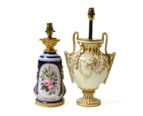 A French porcelain oil lamp base (converted), 19th century, painted with the portrait of a girl, together with a Mintons Clas