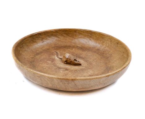A Robert 'Mouseman' Thompson Yorkshire oak bowl, adzed and with carved mouse to the centre, 29.5cm diameterLarge triangular s
