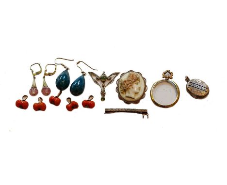 A small collection of jewellery including a ruby and diamond brooch (a.f.); a cameo brooch/pendant (a.f.); three pendants/loc