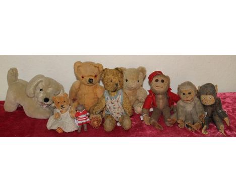 A vintage small jointed Chad Valley teddy bear with a quantity of teddy bears and monkeys. (9)