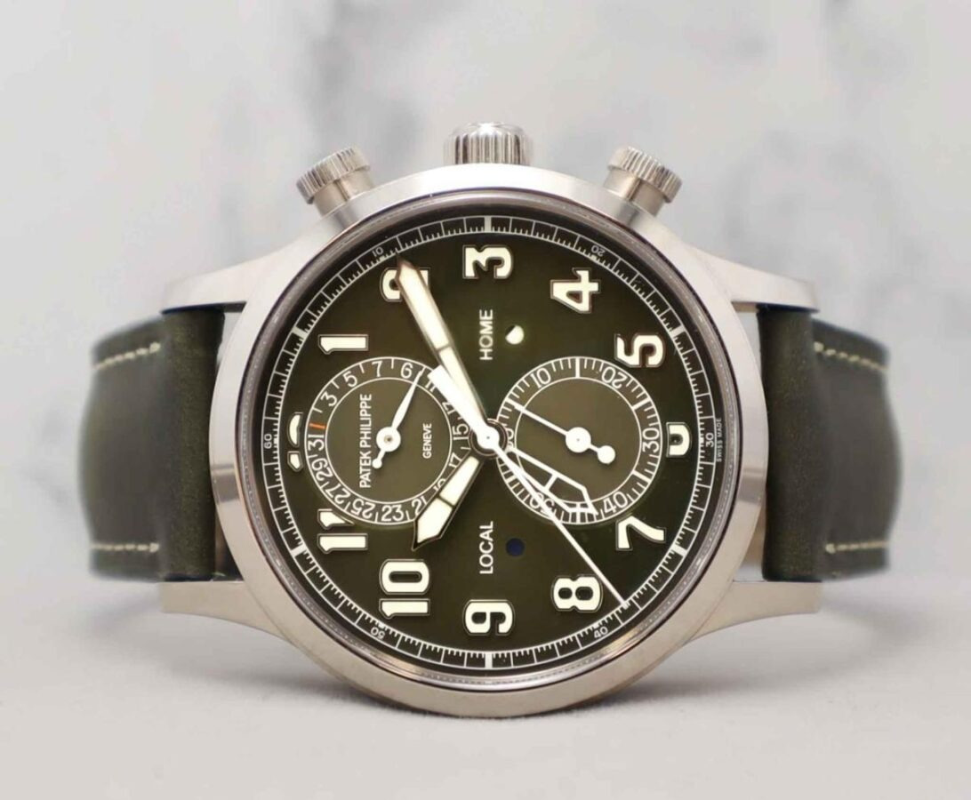 2023 Mint Patek Philippe Complications Calatrava Pilot Travel Time Chronograph Leather 5924G-010