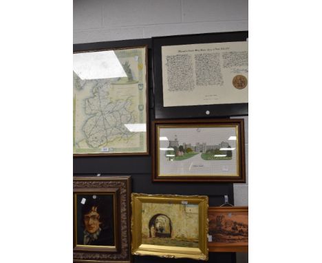 A selection of original art works including oil on board portrait and impressionist street scene