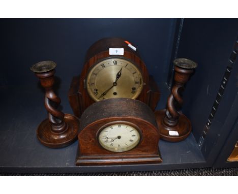Two art deco mantle clocks including rose wood style case and twist stem candle sticks