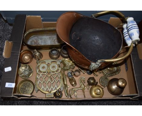 A selection of fire side items and brass wares including copper coal helmet