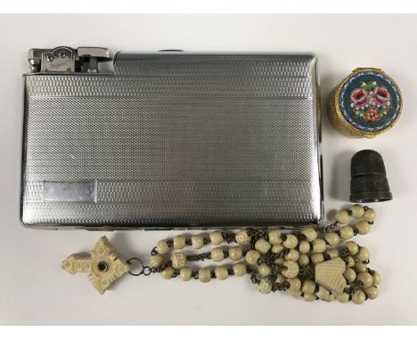 A late 19th Century rosary with Stanhope, together with a Charles Horner silver thimble (a/f), a Polo cigarette case with int