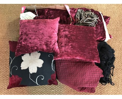 A half tester bed pelmet in burgundy crushed velvet together with a matched bed spread, 264 x 258 cm, and scatter cushions