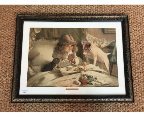 After Charles Burton Barber (1845-1894) Suspense, depicting a little girl saying her morning prayers in bed accompanied by a 