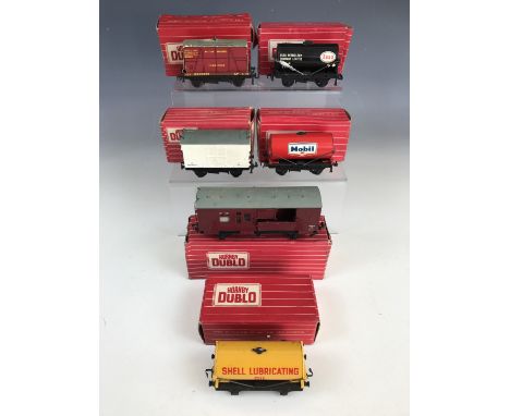 Six items of boxed Hornby Dublo electric OO gauge model railway 3-rail rolling stock, including a 4315 horse box (BR), a 4320