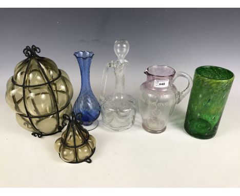 Sundry glass wares including a Strathearn cylinder vase, a lantern and a decanter jug etc