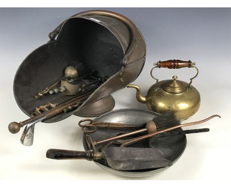 A Victorian copper coal helmet together with a brass kettle, Scottish thistle pattern hearth implements etc