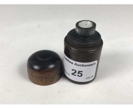 A 19th Century turned lignum vitae and glass portable inkwell