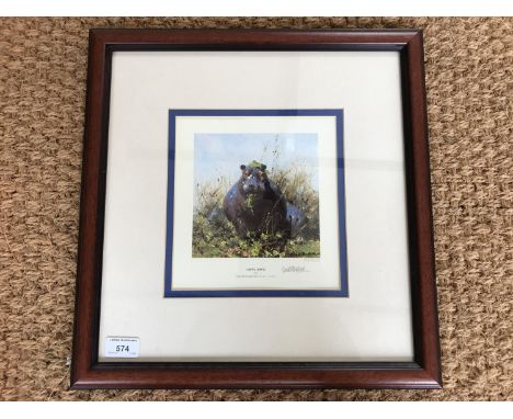After David Shepherd (Contemporary) Happy Hippo, signed limited edition print, 819/1500, framed and mounted under glass, 21 x