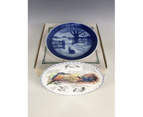 Three Royal Worcester Dambusters Plates together with a Royal Copenhagan Hare in Winter 1971 plate and a Wedgwood kingfisher 