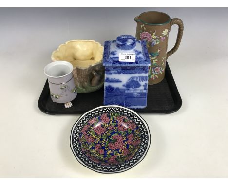 Sundry ceramics including a Ringtons Willow pattern tea caddy, a Sylvac crows bowl and a Royal Doulton bowl etc