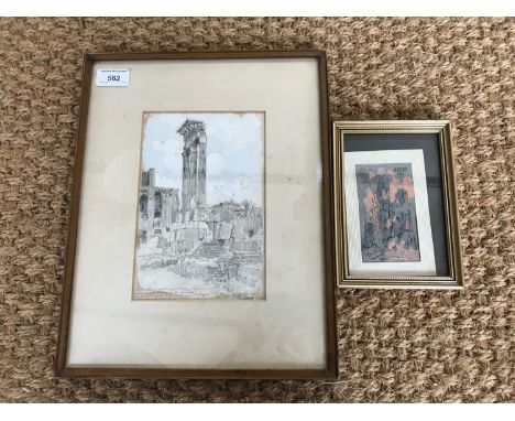 An early 20th Century en plein air graphite and watercolour sketch of the ruins of a Roman colosseum, dedicated to a Miss Hop