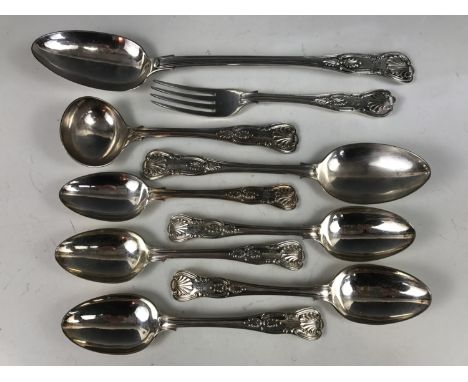 A quantity of Victorian electroplate King's pattern cutlery, including serving spoon, table spoon, sauce ladle, table fork, a