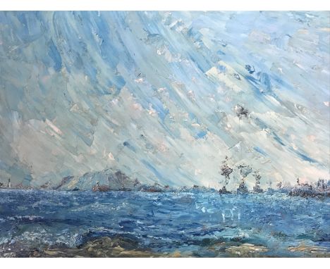 (20th Century) A large impressionistic seascape with steam boats and distant shores, heavy impasto oil on board, framed, 50 x