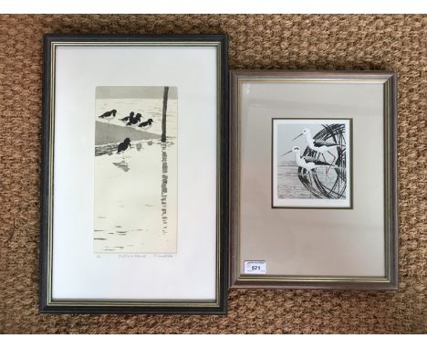 Two contemporary ornithological studies, comprising Thelma K. Sykes, Black-Winged Stilts, scraperboard and watercolour, frame