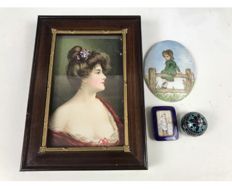 An early 20th Century framed print depicting a sentimental lady together with a hand painted plaque, an enamelled framed mini