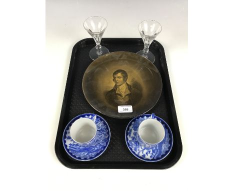 A pair of late Georgian wine glasses together with a Ridgeway Robert Burns plate and two Japanese blue and white cups and sau