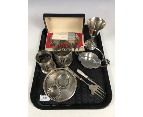 A silver napkin ring together with an Egyptian white metal pin dish, a silver handled fork and various items of electroplate