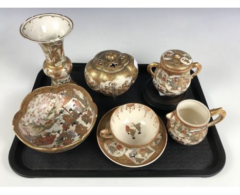 Sundry Japanese late Meiji / Taisho satsuma wares including a teacup and saucer, a jug, a pot pourri, a bowl, a sucrier and v