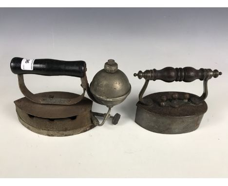 A Victorian box iron together with an Akron lamp Co acetylene / spirits The Diamond Iron
