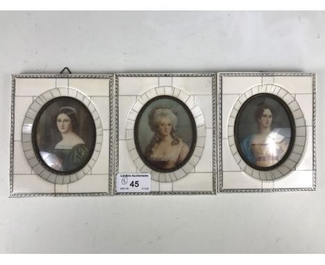 Three portrait miniatures of historical women including Marie Antoinette and Mary Queen of Scots, hand tinted prints, in pian