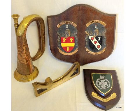 A 1940 dated copper and brass military bugle with a 1942 bronze Clino Mortar Mk4 by Palmer and a Royal Green Jackets wall pla