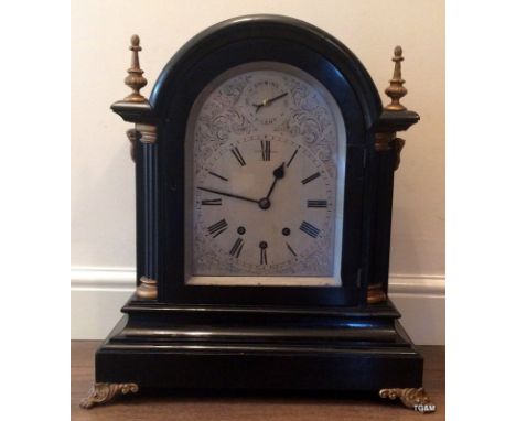 A large quarter striking bracket / library clock, fitted with 8  bells. 50cm tall x 46 cm wide x 27 cm deep. Dial 20.5cm x 28