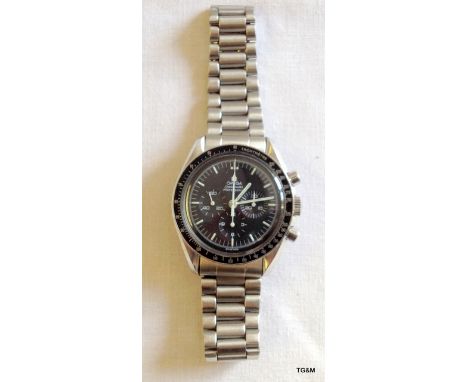 A vintage Omega Speedmaster 1967 pre moon chronograph wristwatch fitted with a Calibre 321 movement on Omega stainless bracel