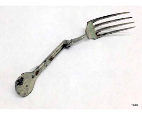 A late 17th century French campaign knife/fork the folding mechanism is engraved with the initials 'RC'