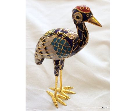 A cloisonné crane in brass and copper with enamel inlay