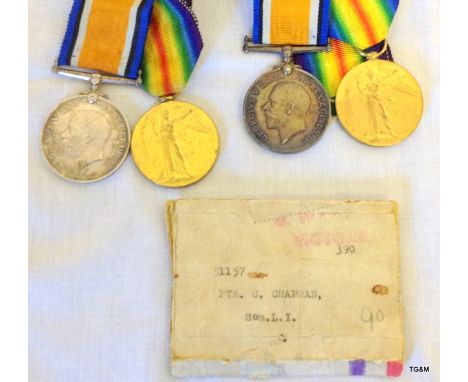 Two WW1 medal pairs to 51157 Private C Chapman of the Somerset Light Infantry and 111120 Gunner T Reid of the Royal Artillery