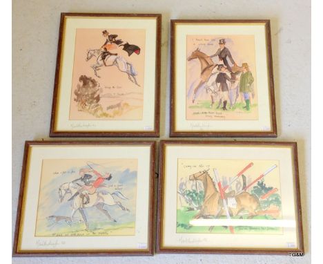 4 framed hand coloured hunting prints signed in pencil 37 x 30
