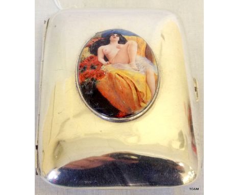 A silver cigarette case with nude enamel pictorial image