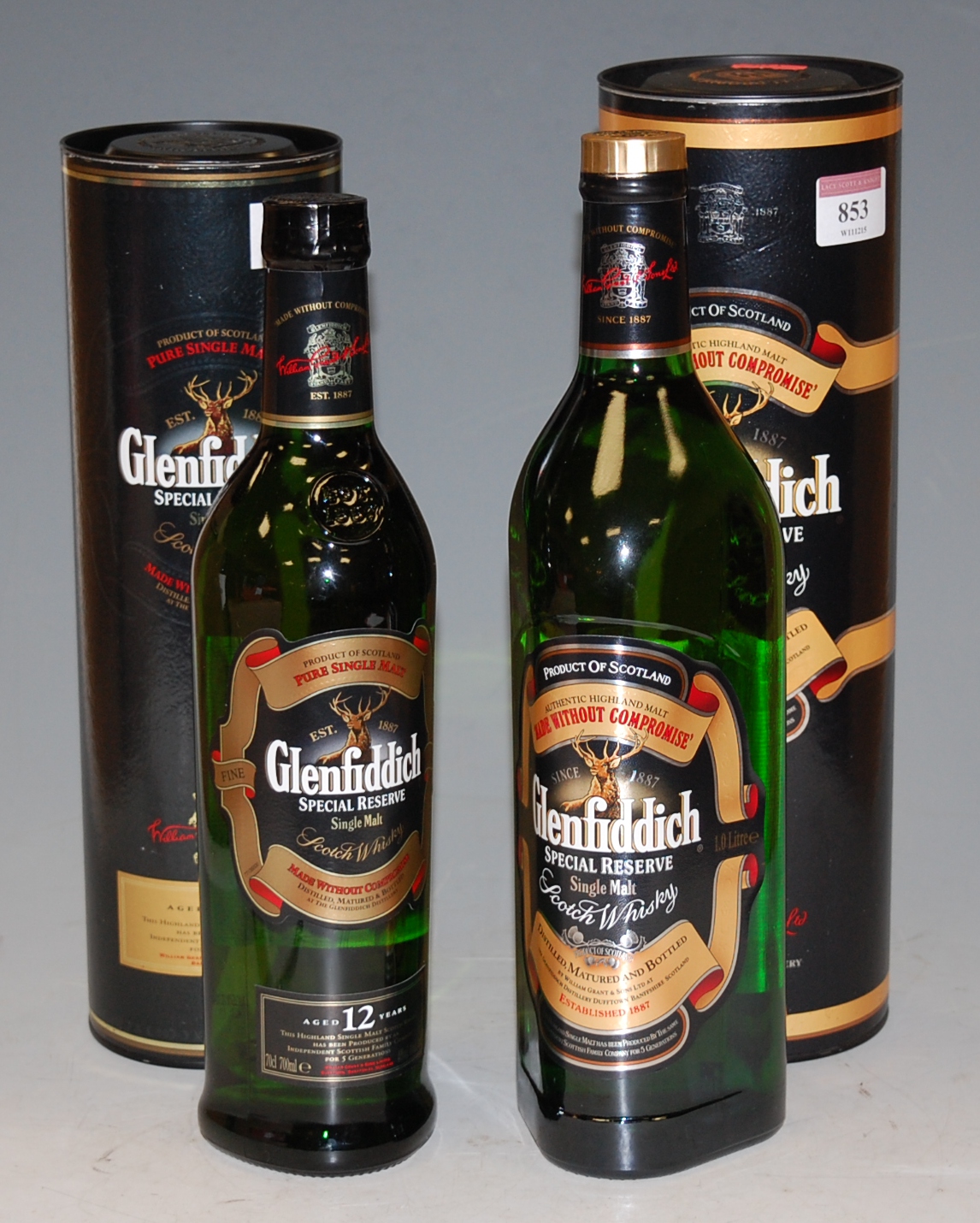 Glenfiddich Special Reserve single malt scotch whisky, 1 litre, 43, in cardboard sleeve; and Gle